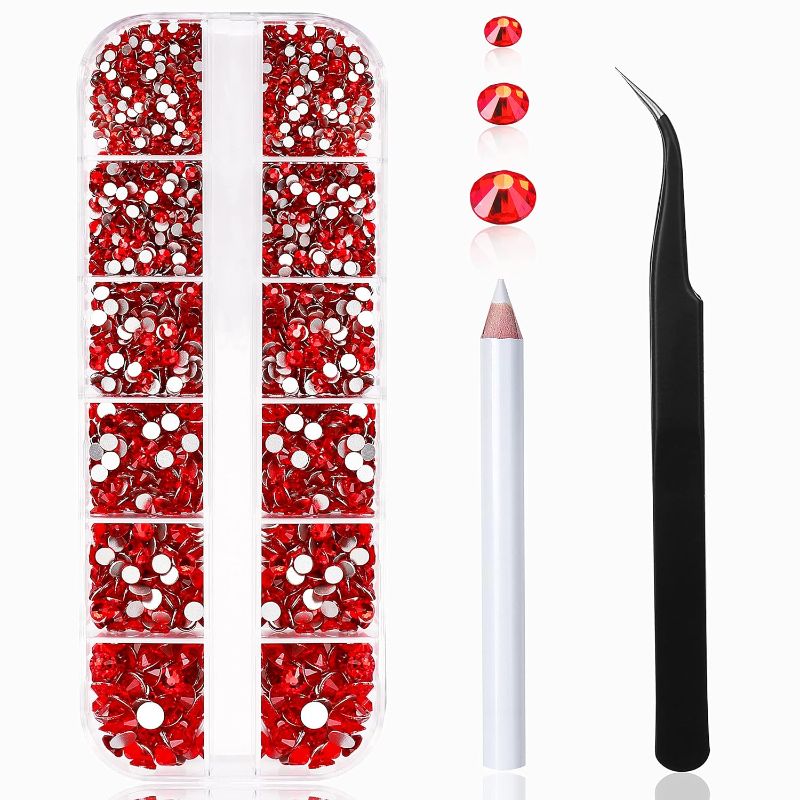 Photo 1 of 2400 Pcs Nail Art Rhinestones Red Flat Back Rhinestones Gems Round Crystal Siam 6 Sizes (1.9-4.5 mm) Wax Pencil Tweezers for Nail Art Makeup Clothes Shoes Bags Crafts DIY(Red) HUETFAT
