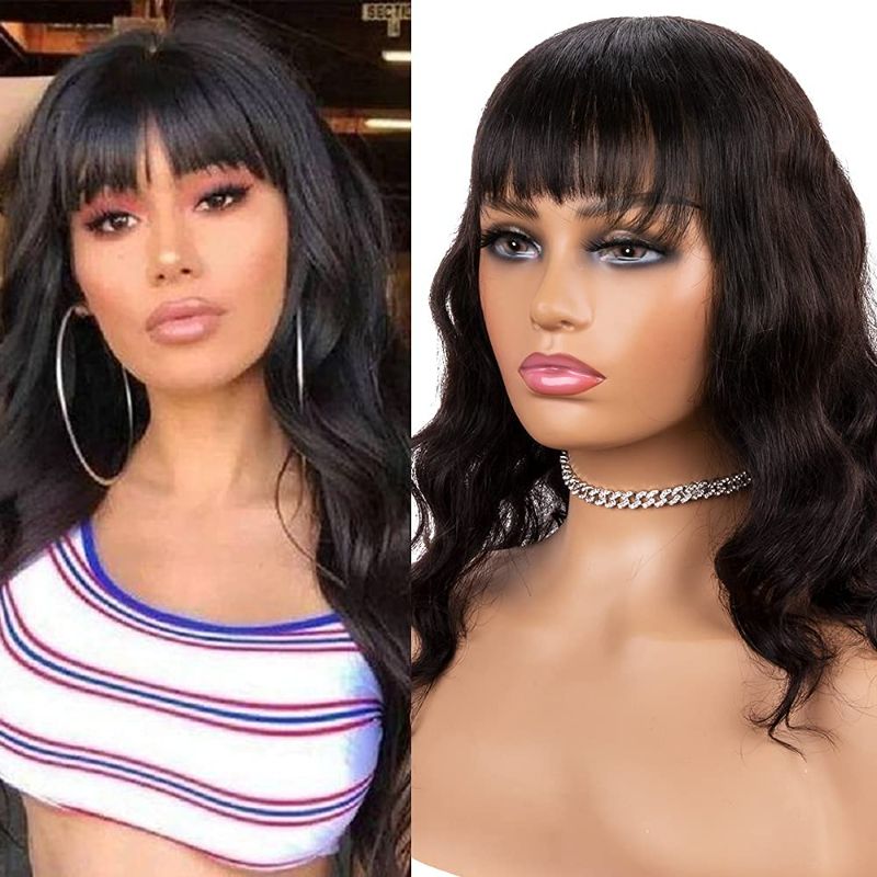 Photo 1 of Body Wave Wigs with Bangs Human Hair Wigs for Black Women None Lace Front Wig 150% Density Brazilian Hair Glueless Black Wig 18Inch - Natural Black
