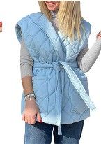 Photo 1 of Fazortev Women's Padded Puffy Vest Casual Sleeveless Quilted Winter Gilet Coat with Belt LIGHT BLUE - M 