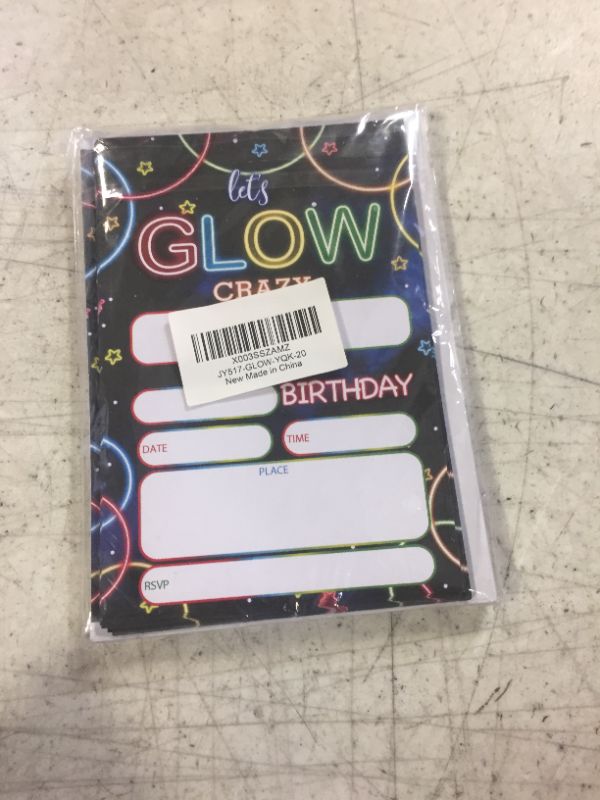 Photo 2 of Glow Birthday Party Invitations, Glow Crazy Birthday Party Invitation for Girls Kids, Glow in The Dark Birthday Invitations, Glow Birthday Invites (20 Sets 4" x 6" Cards with Envelopes) - JY517