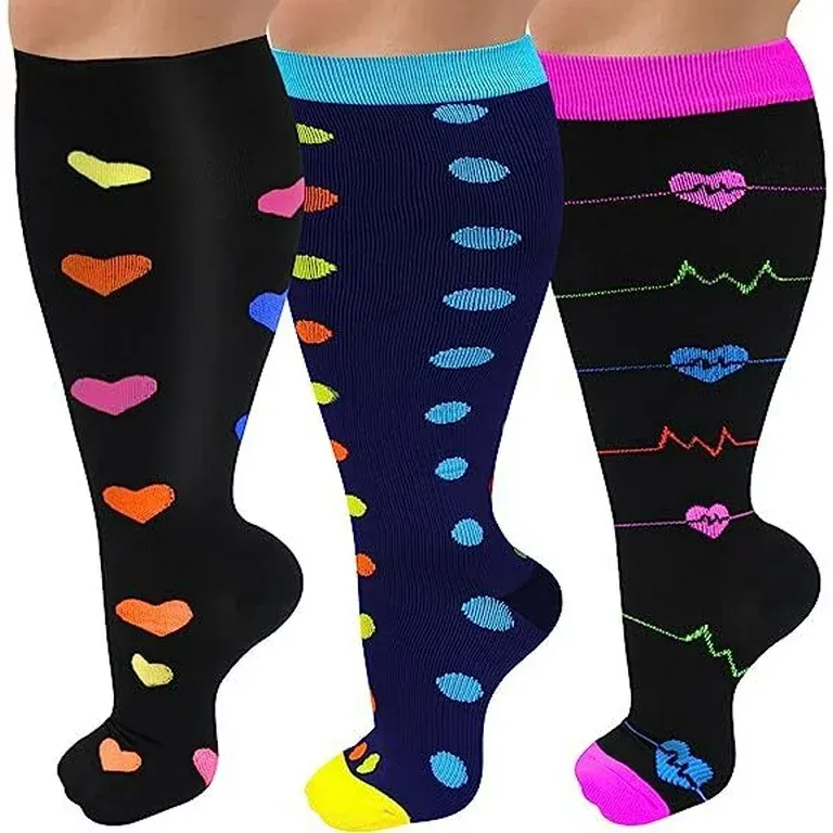 Photo 1 of 3 Pairs Plus Size Compression Socks for Women Men Wide Calf 20-30mmHg Extra Large Knee High Socks Support for Nurses Medical Pregnant Travel Circulation 4X-Large