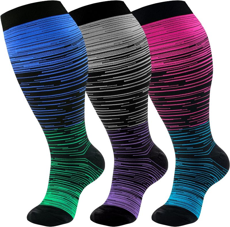 Photo 1 of 3 Pairs Plus Size Compression Socks for Women Men Wide Calf 20-30mmHg Extra Large Knee High Socks Support for Nurses Medical Pregnant Travel Circulation 3black 4X-Large