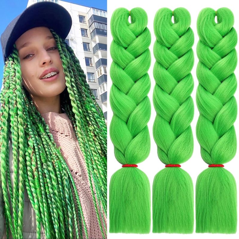 Photo 1 of 3 Packs Braiding Hair for Women and Girls 24 Inch Expressions Crochet Braiding Hair Extensions Hair Bundles for Braiding(Bright Green)
