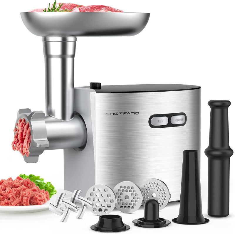 Photo 1 of CHEFFANO Meat Grinder, 2600W Max Stainless Steel Meat Grinder Electric, ETL Approved Heavy Duty Meat Mincer Machine with 2 Blades, 3 Plates, Sausage Stuffer Tube & Kubbe Kit for Home Kitchen Use
