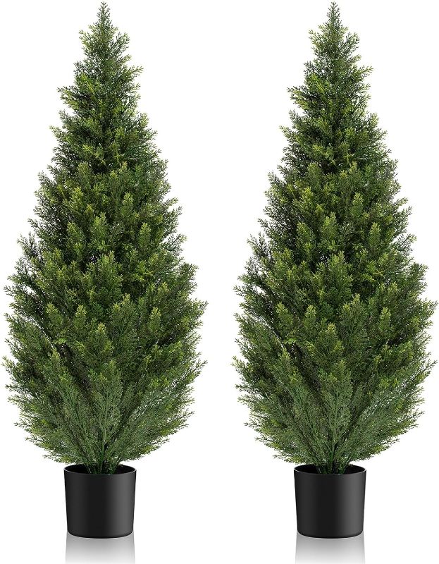 Photo 1 of 6 pack-- Topiary Cedar Trees Artificial Outdoor  Faux Pine Potted Plants UV Resistant Long Lasting Evergreen Fake Cypress Shrubs for Home Front Porch Patio Decor