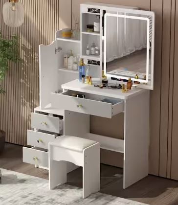 Photo 1 of 4-Drawers White Wood Makeup Vanity Sets Dressing Table Sets with Stool, Mirror, LED Light, Door and Storage Shelves
