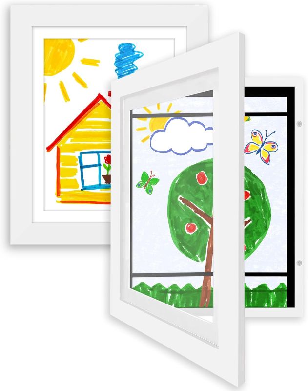 Photo 1 of Front Loading Kids Art Frame in White - 8.5x11 Frame with Mat and 10x12.5 Without Mat - Kids Artwork Frames Changeable Display - Frames for Kids Artwork Holds 100 Pieces - Set of 2