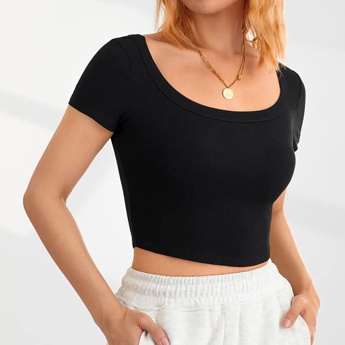 Photo 1 of Women 's Short Sleeve Square Neck Ribbed Knit Cropped T Shirt Slim Fit Casual Basic Y2k Tops- SIZE XS 