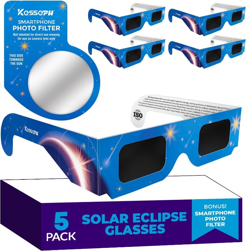 Photo 1 of Solar Eclipse Glasses Approved 2024, (5 Pack) CE and ISO Certified Solar Eclipse Observation Glasses, Safe Shades for Direct Sun Viewing, Bonus Smartphone Photo Filter Lens, Blue Stars Design
