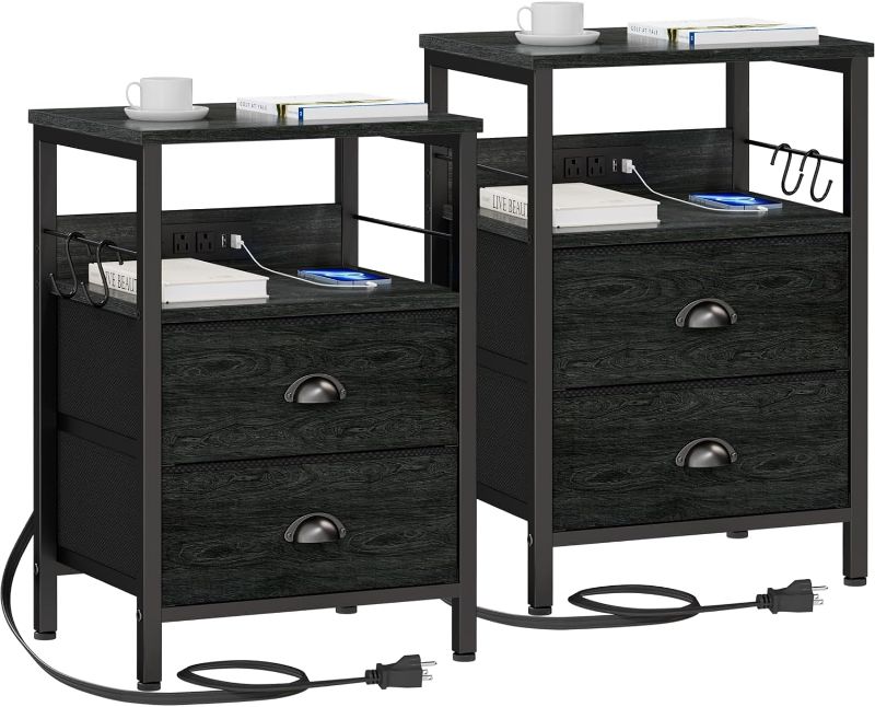 Photo 1 of Furologee Nightstand Set of 2, Black Oak, with Charging Station and USB Ports, Side Tables with 2 Fabric Drawers, Bedside Tables with Storage Shelf & Hooks, for Living Room/Bedroom
