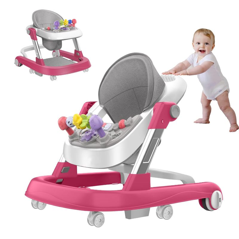 Photo 1 of (Rose-red) Baby Walker, 6-Gear Height Adjustable Foldable Baby Walkers and Activity Center, Baby Walker with Wheels, Infant Toddler Walker with Music Disk, Baby Walkers for Baby Boys and Girls
