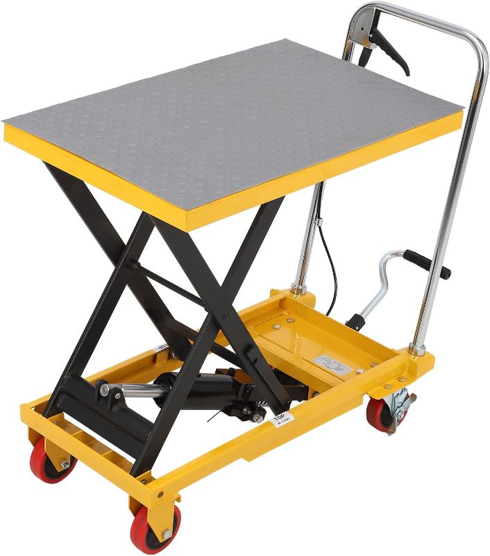 Photo 1 of Hydraulic Lift Table Cart 330lbs, Lift Table Capacity 28.4" Lifting Height, Manual Single Scissor with 4 Wheels and Non-Slip Pad Thickness 3mm for Material Handling and Transportation
