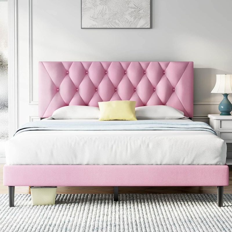 Photo 1 of Molblly Queen Size Platform Bed Frame with Adjustable Headboard, Flannel Fabric Wrap, Strong Frame and Wooden Slats Support, No Box Spring Needed, Non-Slip and Noise-Free, Easy Assembly, Pink

