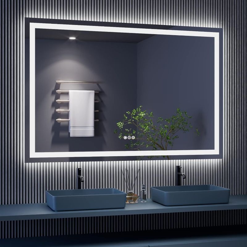 Photo 1 of Amorho LED Bathroom Mirror 60''x 40'' with Front and Backlight, Large Dimmable Wall Mirrors with Anti-Fog, Shatter-Proof, Memory, 3 Colors, Double LED Vanity Mirror
