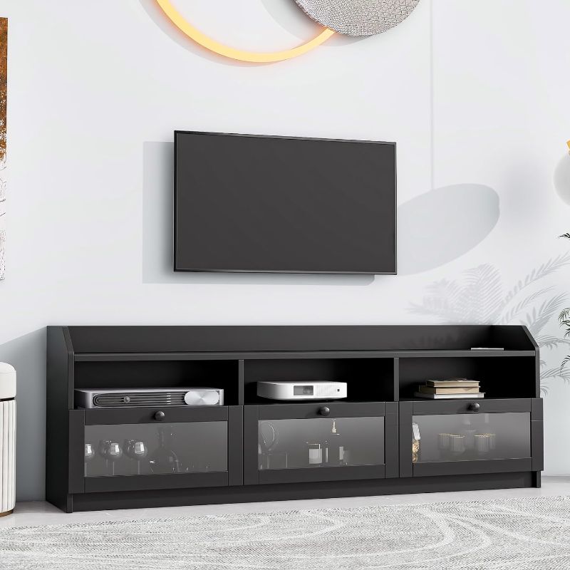 Photo 1 of Sleek & Modern Design TV Stand with Acrylic Board Door, Chic Elegant Media Console for TVs Up to 65", Ample Storage Space TV Cabinet with Black Handles, Black
