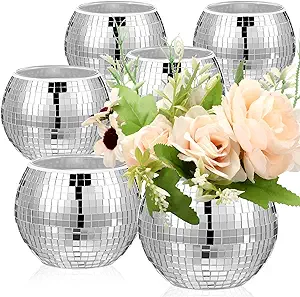 Photo 1 of 6 Pieces Disco Ball Flower Vase Mirror Disco Ball Glass Vase Disco Ball Planter Candle Holder Glass Vase Bulk for Wedding Centerpieces Bedroom Kitchen Office Decoration Birthday (Gold,3 x 4 Inch) 3 x 4 Inch SILVER 