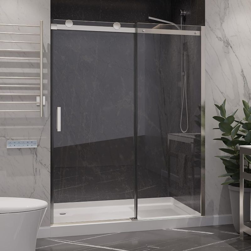 Photo 1 of ANZZI 76" x 60" Frameless Shower Door in Polished silver, Rhodes Water Repellent Glass Shower Door with Seal Strip Parts and Handle, Easy Glide Rollers Sliding Shower Door (SD-FRLS05702CH)