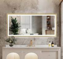 Photo 1 of LUKY 60 in. W x 28 in. H Rectangular Single Aluminum Framed Antifog Dimmable Wall Bathroom Vanity Mirror in Brushed Gold