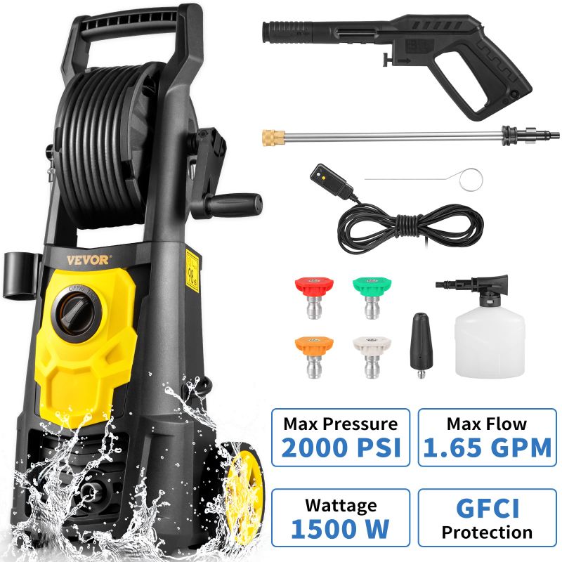 Photo 1 of VEVOR Electric Pressure Washer, 2000 PSI, Max. 1.65 GPM Power Washer w/ 30 ft Hose & Reel, 5 Quick Connect Nozzles, Foam Cannon, Portable to Clean Patios, Cars, Fences, Driveways, ETL Listed
