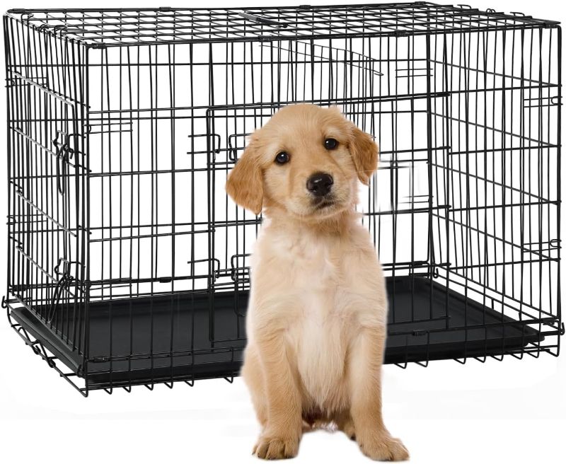 Photo 1 of 30 Inch Medium Dog Crate, Dog Kennel Metal Wire Folding Dog Crates for Medium Dogs, Dog Cage with Double-Door, Divider Panel, Locks, Trays, Wire Crates for Dogs