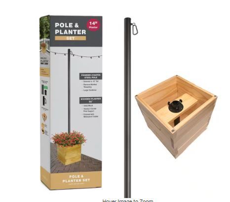 Photo 1 of 10 ft. Premium String Light Pole and Large 14 in. Natural Wooden Planter Box 

