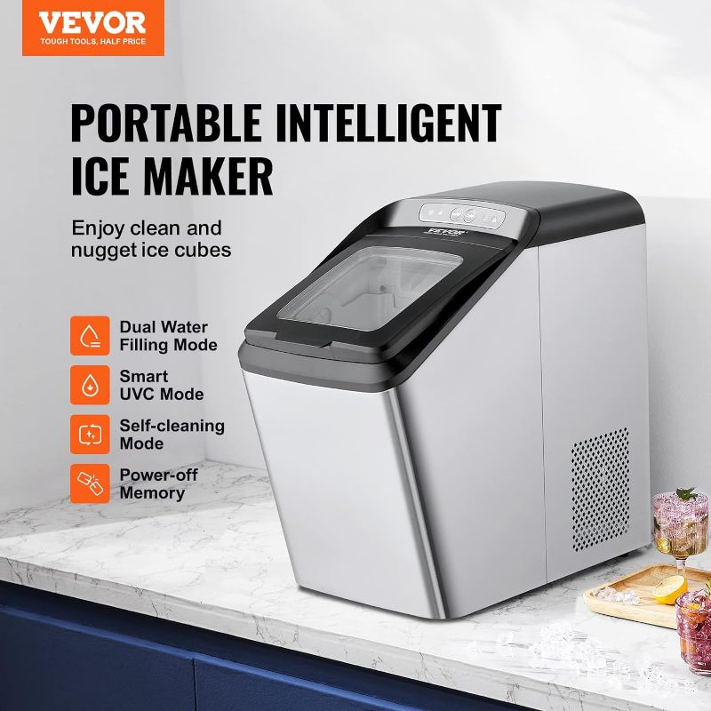 Photo 1 of VEVOR Nugget Ice Maker Countertop, 30lbs/24H Pebble Ice Maker Machine, 2 Way Refill, Self Cleaning Sonic Ice Maker with Basket&Scoop, Chewable Nugget Ice Maker for Home Kitchen Office Party RV
