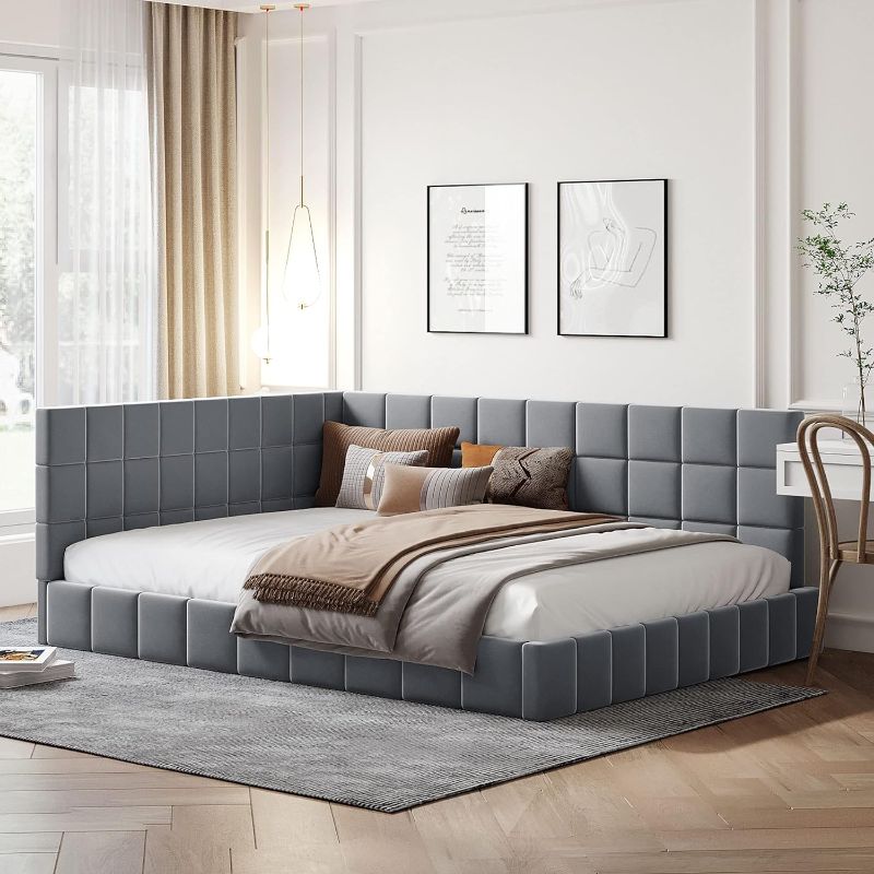 Photo 1 of Full Size Upholstered Daybed, Mid Century Day Bed Frame with A Backrest and Armrest, Velvet Corner Beds for Living Room, Bedroom, Gray

