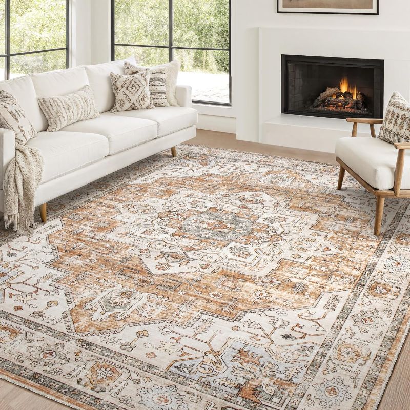 Photo 1 of Washable Vintage Area - Large Soft Traditional Farmhouse Ultra-Thin Rug for Living Room, Bedroom, Dining Room and Home Office - Distressed Oriental Reto Indoor Floor Carpet Rug - Orange
