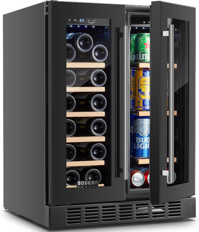 Photo 1 of BODEGACOOLER 24 Inch Wine and Beverage Cooler, Dual Zone Wine Refrigerator 2 In 1,Freestanding Wine Beverage Fridge,Under Counter For Wine Cooling With Compressor, Hold 20 Bottles and 57 Cans(Black)
