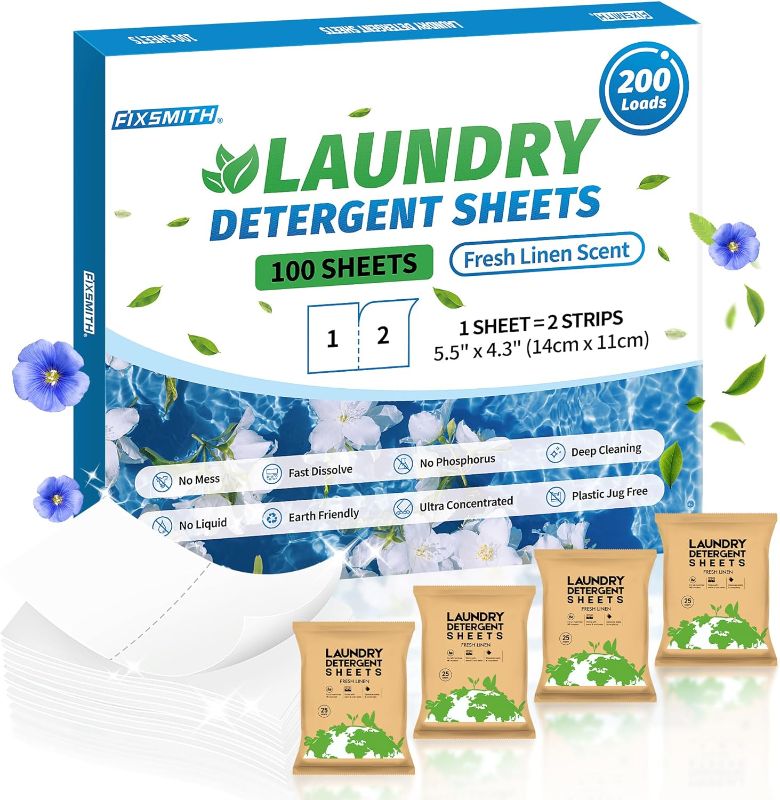 Photo 1 of FIXSMITH Laundry Detergent Sheets - 200 Loads (100 Sheets) Fresh Linen Scent - Hypoallergenic,Eco Friendly Laundry Detergent Strips Ultra-Concentrated Travel Detergent Sheets.Plastic-Free,Liquidless
