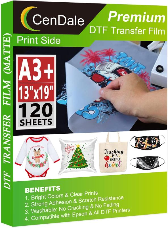 Photo 1 of CenDale DTF Transfer Film A3+ 13"x19" - 120 Sheets Double-Sided Matte DTF Film for Sublimation Hack, Direct to Film Printing on All Fabric and Colors T-Shirts Textile, Hot & Cold Peel DTF Paper
