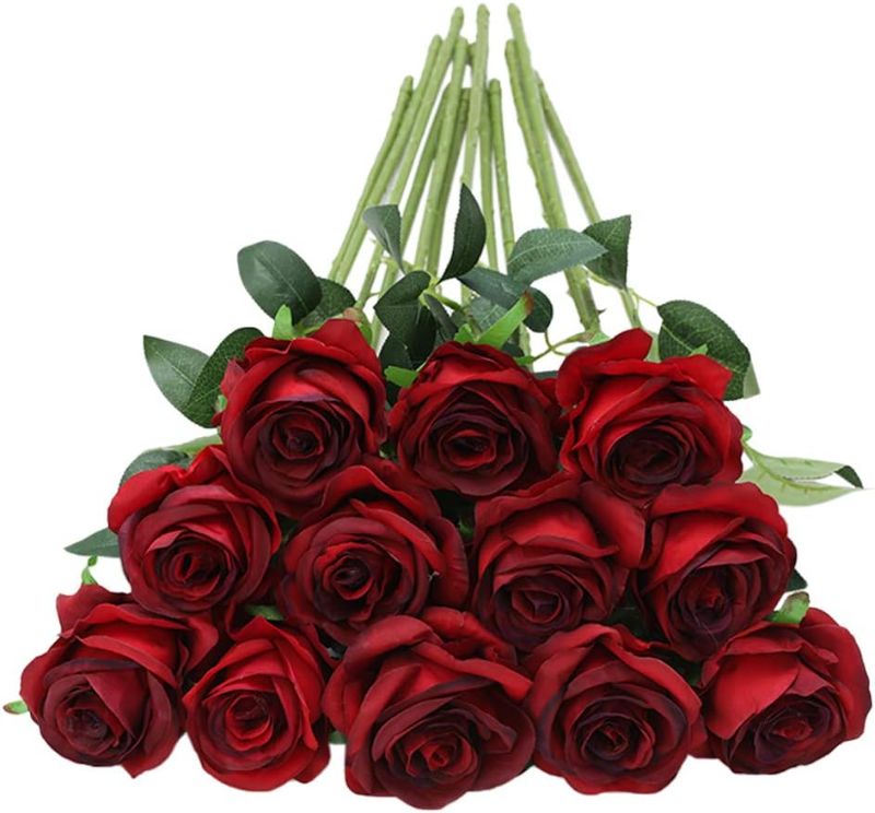 Photo 1 of Tifuly Red Roses Artificial Flower, 10Pcs Realistic Long Single Stem Fake Silk Red Roses Bouquet for Party Home Wedding Centerpiece Hotel Office Christmas Decor?Burgundy?
