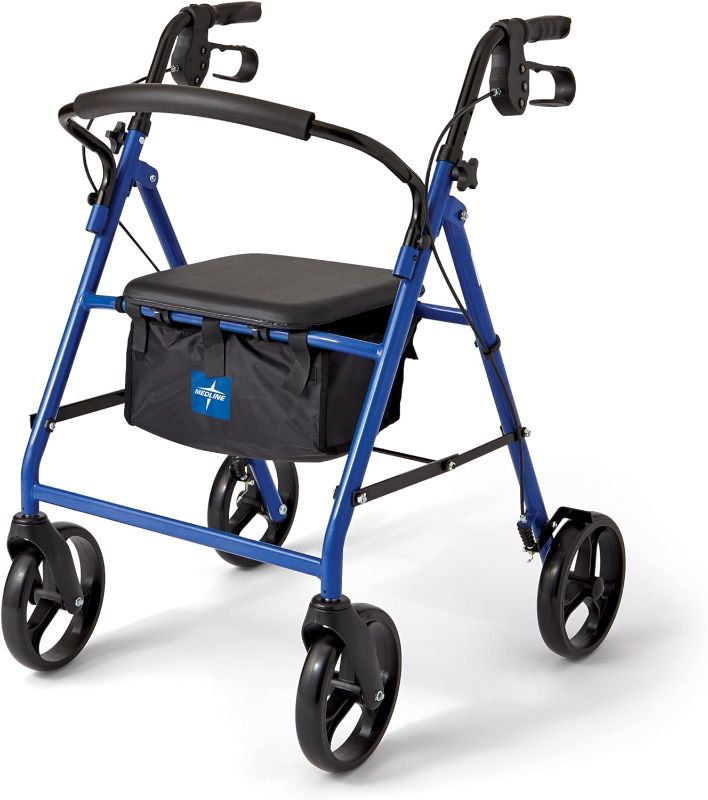 Photo 1 of Medline Steel Rollator Walker for Adult Mobility Impairment, Blue, 350 lb. Weight Capacity, 8” Wheels, Foldable, Adjustable Handles, Rolling Walker for Seniors
