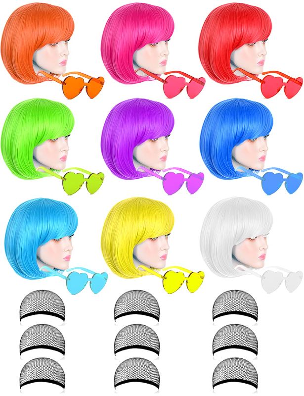 Photo 1 of 9 Pack Colored Wigs, Funky Colorful Wigs, Short Bob Hair Wigs, Neon Party Wigs, Cosplay Wigs with Rimless Heart Shape Sunglasses - One Size for All Women Kids & Adults Halloween Costume Night Club
