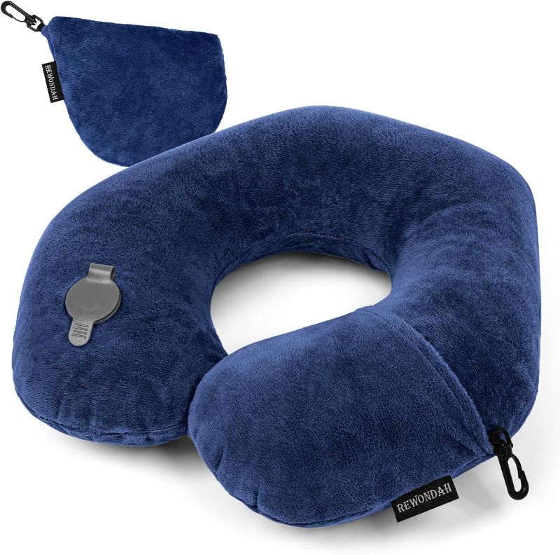 Photo 1 of Neck Pillows for Travel, Inflatable Travel Pillow, Inflatable Neck Pillow for Traveling Airplane with Soft Velour Washable Cover, Blow Up Neck Pillow for Airplanes Train Travel, Blue
