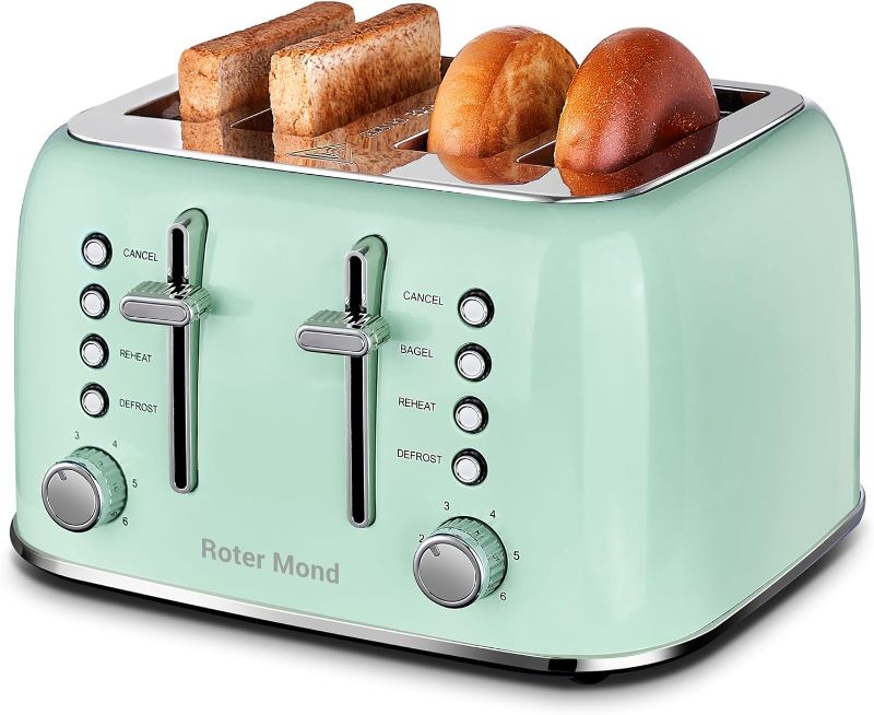 Photo 1 of Toaster 4 Slice, Roter Mond Retro Stainless Steel Toaster with Extra Wide Slots Bagel, Defrost, Reheat Function, Dual Independent Control Panel, Removable Crumb Tray, 6 Browning Levels, Aqua Green
