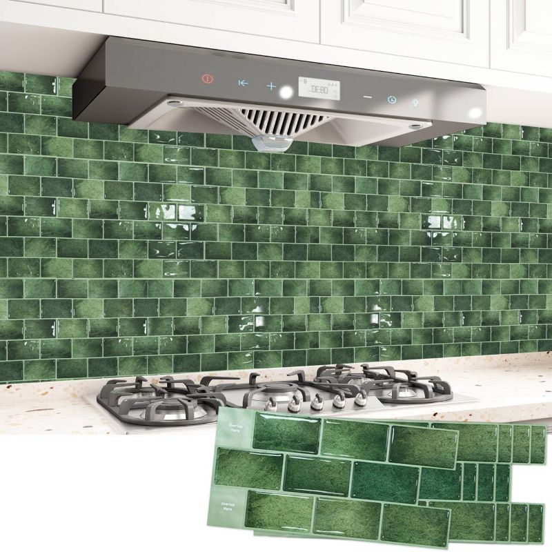 Photo 1 of Art3d 20-Pack Kitchen Backsplash Tile Peel and Stick, Vinyl Stick On Subway Tile for Bathroom Laundry Room RV Stove, 12" x 6" Green
