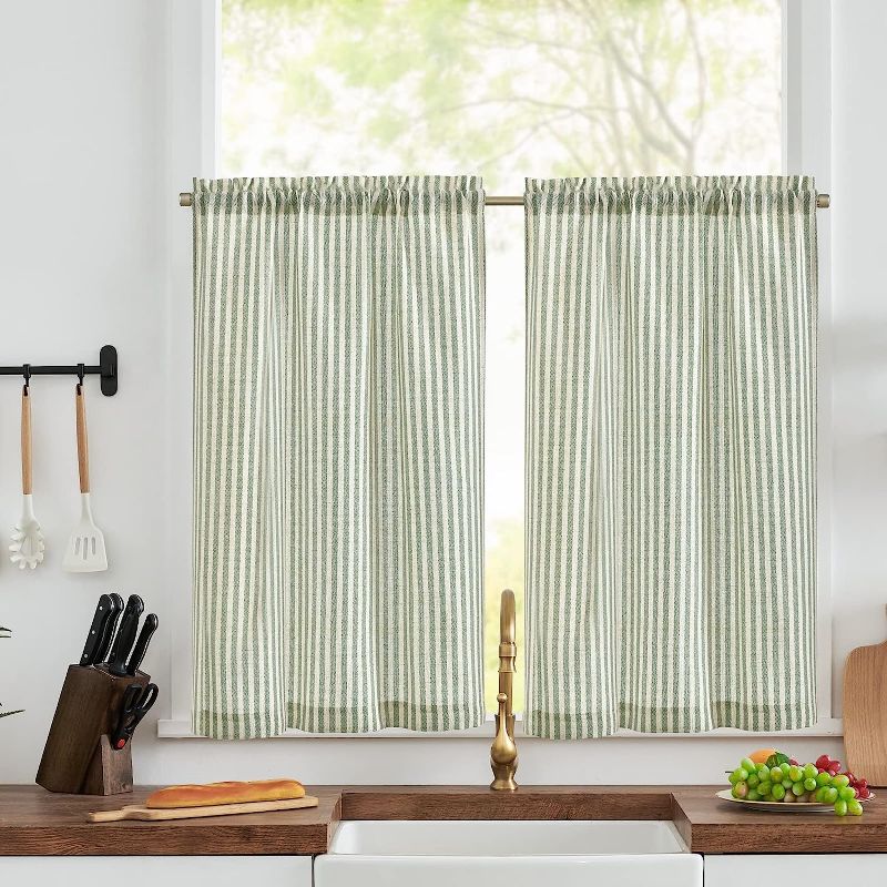 Photo 1 of JINCHAN Kitchen Curtains Striped Tier Curtains Ticking Stripe Linen Curtains Pinstripe Cafe Curtains 36 Inch Length for Living Room Bathroom Farmhouse Rustic Curtains Rod Pocket 2 Panels Sage on Beige
