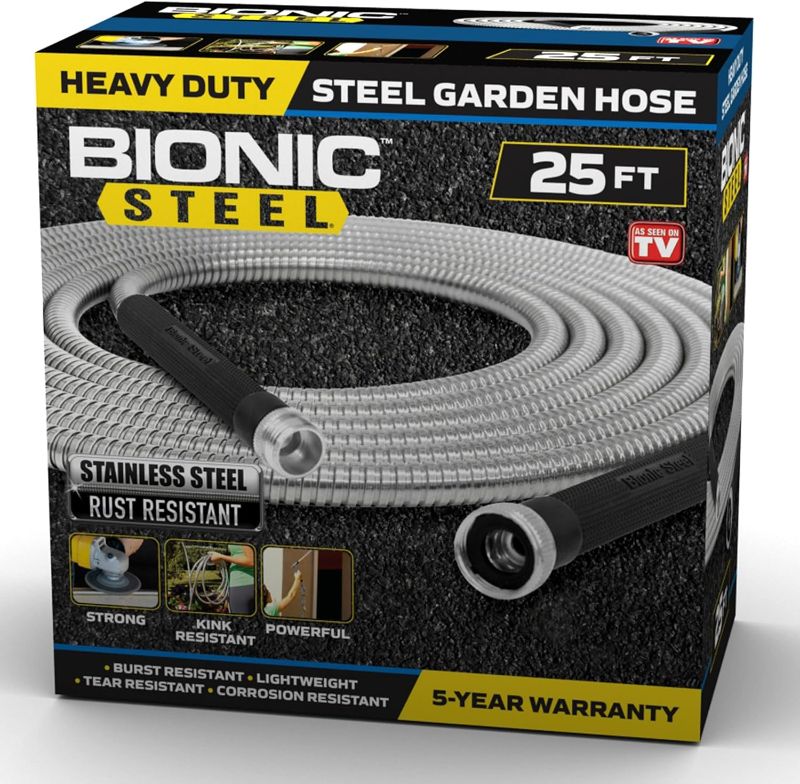 Photo 1 of Bionic Steel 25 FT Garden Hose with Nozzle, 304 Stainless Steel Metal Water Hose 25Ft, Flexible Hose, Kink Free, Lightweight and Durable, Crush Resistant Fitting, Easy to Coil, 500 PSI - 2024 Model
