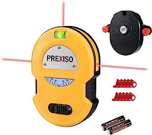 Photo 1 of PREXISO Multi Surface Laser Level LED Light Vial, 30Ft Horizontal & Vertical Line Laser with Wall Mount Base, 2 Pins, 10 Sticker, 2 AA Batteries for Hanging Frames & Picture, Construction Wall Writing

