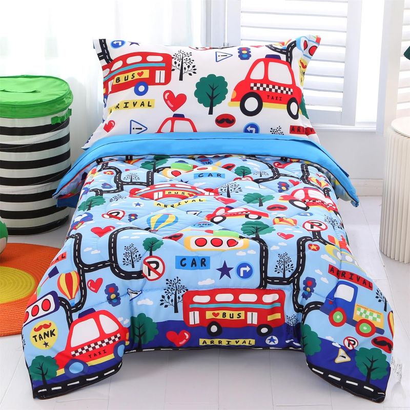 Photo 1 of Wowelife Car Toddler Bedding Sets for Boys Blue, Premium 4 Piece Car Toddler Bed Sets for Boys and Girls, Super Soft and Comfortable for Toddler(Transportation)
