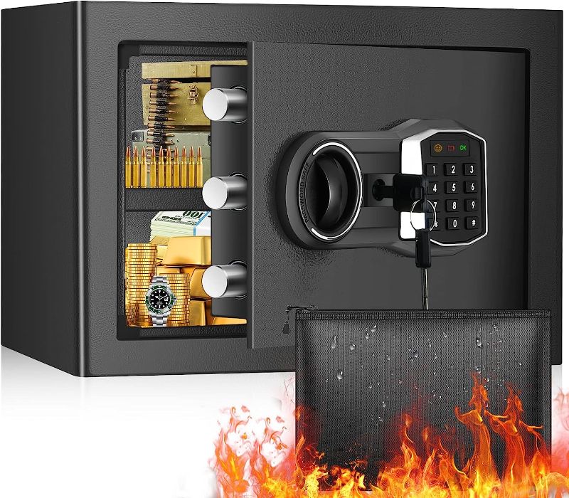 Photo 1 of 1.0 Cub Home Safe Fireproof Waterproof, Digital Home Security Safe Box with Fireproof Money Bag, Digital Keypad and Spare Keys, Small Fireproof Safe for Home Firearm Money Valuables
