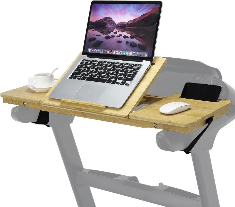 Photo 1 of Treadmill Desk Attachment - Desk for Treadmill, Tabletop Tray Holder with Comfortable Wrist Rest, Stable Straps, Cup Holder, Anti-Slip Pads and Phone Slot for Tablets Lapto Wooden
