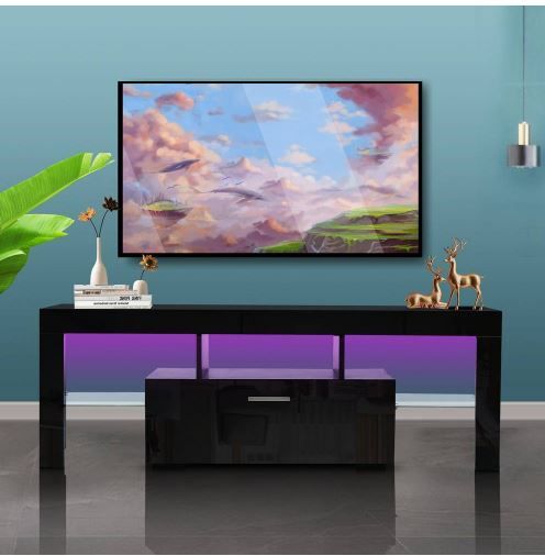 Photo 1 of 51.2 in. Black High Glossy TV Stand with 1 Storage Drawer Fits TV's up to 55 in. with LED Lights
