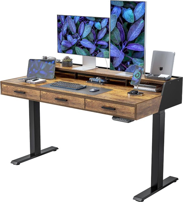 Photo 1 of FEZIBO Electric Standing Desk with Drawers, 55x26 Inch Standing Desk Adjustable Height, Stand Up Desk with Monitor Shelf, Sit Stand Home Office Desk, Rustic Brown
