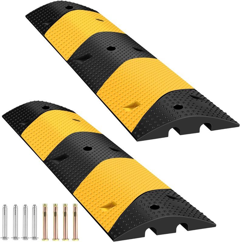 Photo 1 of 39.3" Rubber Speed Bump, Pack of 2 Total 78.6'' Heavy Duty, Humps Rated 66000 LBS Load Capacity, Speed Humps with 4 Bolt Spikes Anchors for Asphalt Concrete Gravel Driveway
