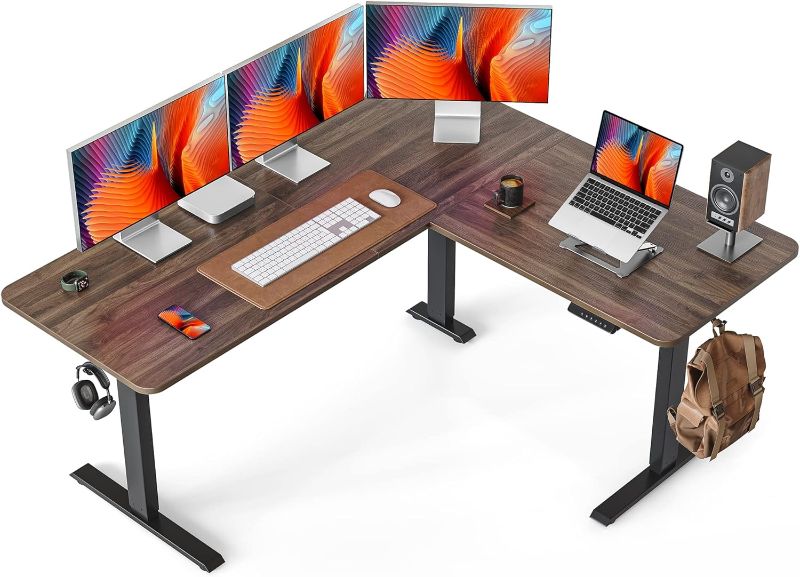 Photo 1 of FEZIBO L Shaped Standing Desk Adjustable Height, 63 Inch Electric Stand up Corner Computer Desk, Sit Stand Home Office Desk with Splice Board, Black Walnut Top/Black Frame
