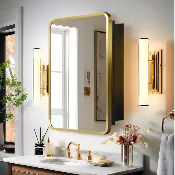 Photo 1 of 16 in. W x 24 in. H Rectangle Gold Recessed/Surface Mount Medicine Cabinet with Mirror
