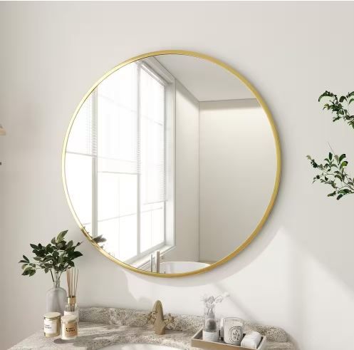 Photo 1 of 24 in. W x 24 in. H Round Metal Framed Wall Bathroom Vanity Mirror Gold
