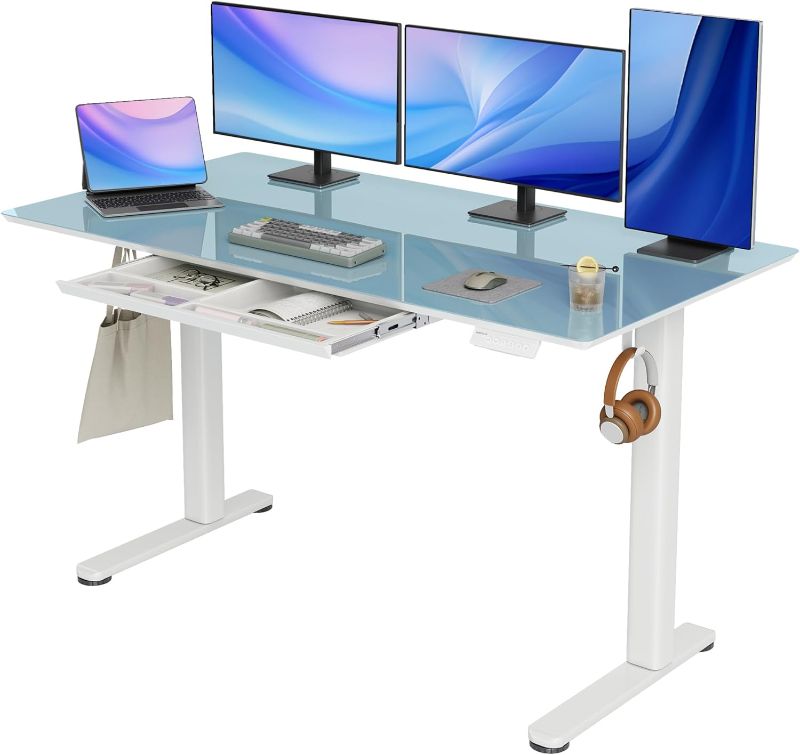 Photo 1 of Glass Standing Desk with Drawers, Adjustable Height Stand Up Desk, Electric Standing Desk with Storage, 55 inch, Morandi Blue
